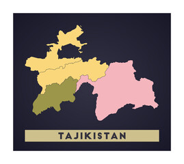 Obraz premium Tajikistan map. Country poster with regions. Shape of Tajikistan with country name. Vibrant vector illustration.