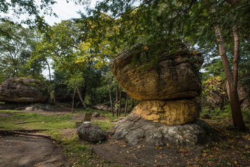 Natural stacked rocks at Wat Phra That Bua Bok Courtyard, Ban Phue District, Udon Thani Province, Thailand