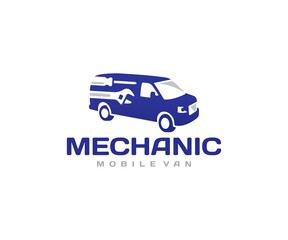 Mobile mechanic van logo design. Mechanic car service vector design. Workshop on wheels with tools logotype