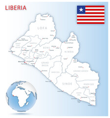 Detailed Liberia administrative map with country flag and location on a blue globe.