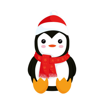 happy merry christmas penguin wearing santa hat character vector illustration design