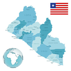 Liberia administrative blue-green map with country flag and location on a globe.