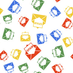Color Envelope with spam icon isolated seamless pattern on white background. Concept of virus, piracy, hacking and security. Vector.