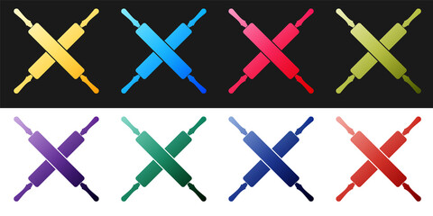 Set Crossed rolling pins icon isolated on black and white background. Kitchen utensils and equipment. Vector.