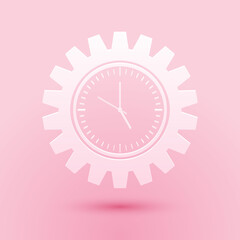 Paper cut Time Management icon isolated on pink background. Clock and gear sign. Productivity symbol. Paper art style. Vector.