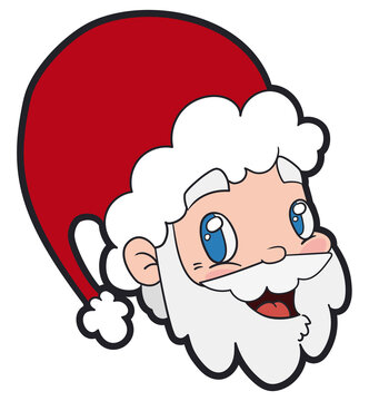 Smiling Santa Claus Face with Cute Eyes, Hat and Pompom, Vector Illustration