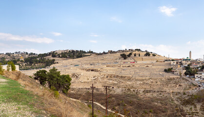 View from the Dung Gate  of the Mount of Olives and the Jewish cemetery located on it, in the old city of Jerusalem, in Israel