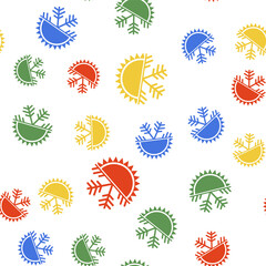 Color Hot and cold symbol. Sun and snowflake icon isolated seamless pattern on white background. Winter and summer symbol. Vector.