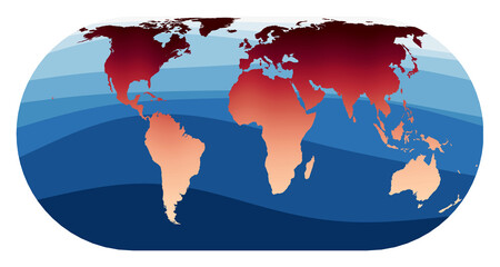 World Map Vector. Herbert Hufnage's pseudocylindrical equal-area projection. World in red orange gradient on deep blue ocean waves. Authentic vector illustration.