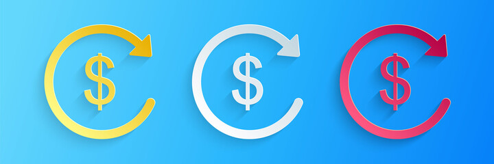 Paper cut Refund money icon isolated on blue background. Financial services, cash back concept, money refund, return on investment, currency exchange. Paper art style. Vector.