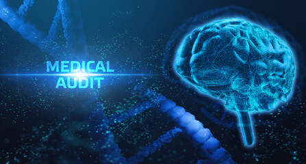 Modern technology in healthcare, medical diagnosis. MEDICAL AUDIT inscription on virtual screen.