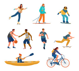Fototapeta na wymiar Vector Set Of Young People Doing Sports. Ice Skating, Skiing, Snowboarding, Playing Basketball, Rugby, Skateboarding, Kayaking, Riding Bicycle. Healthy Lifestyle. Isolated On White.