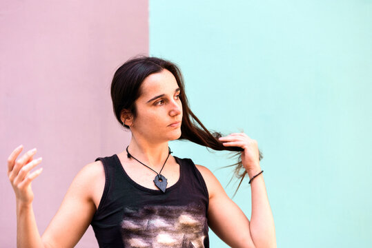 Portrait Of A Liberated Young Arab Woman With Her Long Brown Hair Loose And Free.