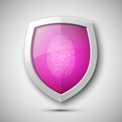 Protection shield encoded fingerprint icon. Safety finger scan concept badge. Privacy banner. Security label. Defense tag. Presentation sticker shape. Biometric identification systems of human