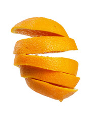 Fototapeta na wymiar Flying pieces of a sliced orange isolated on white background