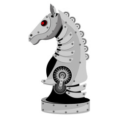 Chess iron horse robot in steampunk style. Vector illustration on the theme of Board games and steampunk.