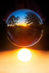 Rural landscape with trees at sunset seen through a crystal ball