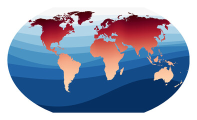 World Map Vector. Kavrayskiy VII pseudocylindrical projection. World in red orange gradient on deep blue ocean waves. Modern vector illustration.