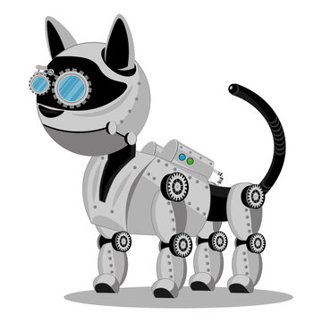 Cat steampunk robot. Unusual animal pattern mechanism vector illustration.