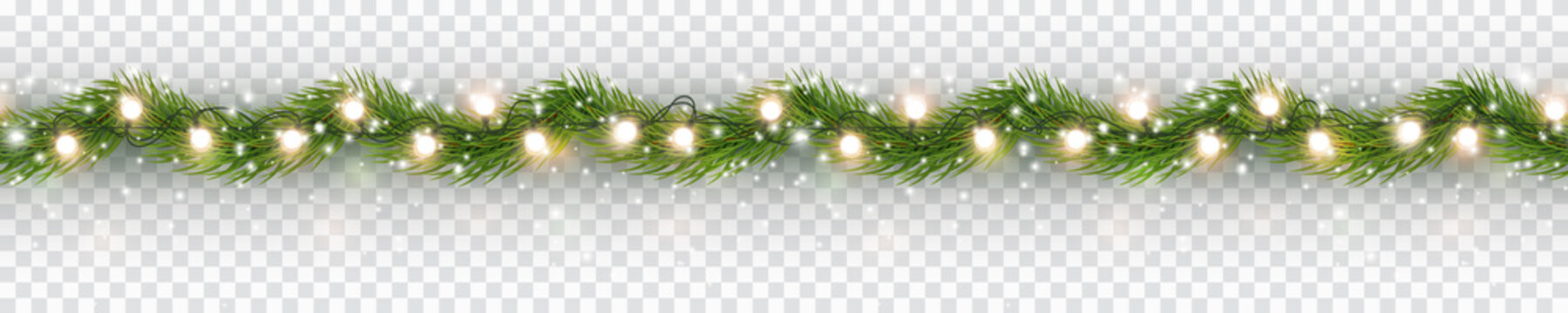 Border with green fir branches, gold lights isolated on transparent background. Pine, xmas evergreen plants seamless banner. Vector Christmas tree garland decoration