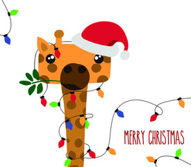 Funny drawing of a giraffe with lights and Christmas hat. Christmas card. Editable vector.