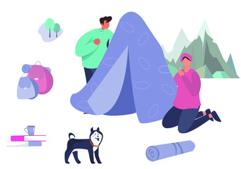 Camp Adventure and Family Trip with Dog.Camping with Active People Characters in Outdoor Travel.Summertime on Nature.Camp in Wildlife Nature Forest.Summer Picnic Activity.Flat Vector Illustration