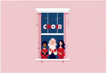 Girls singing in a little choir. Stay at home or lockdown concept. People in window frame singing Christmas carols. Flat vector illustration.