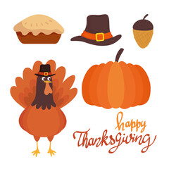 happy thanksgiving celebration lettering card with turkey and icons vector illustration design