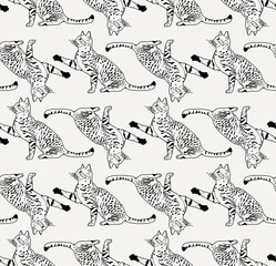 cats line vector seamless pattern