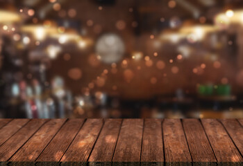bar interior con efecto glow, mesa de madera en color marrón  imagen desenfocada 3