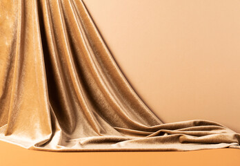 Abstract modern podium background with trendy draped velvet fabric