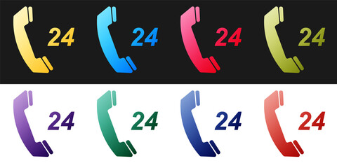 Fototapeta premium Set Telephone 24 hours support icon isolated on black and white background. All-day customer support call-center. Vector.