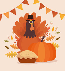 happy thanksgiving celebration card with turkey and pie vector illustration design