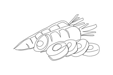 Continuous line drawing of sliced carrot. One line art of carrot vegetable. Single line draw of healthy vegetable for lifestyle. Vector illustration