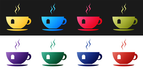 Fototapeta premium Set Cup with tea bag icon isolated on black and white background. Vector.