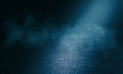 Dark abstract background toned in blue. Smoke, fog, smog, the reflection of a neon spotlight on the asphalt. Empty street background at night. 3d illustration