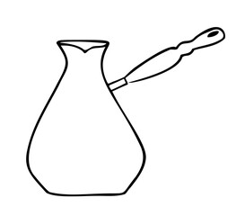 Cezve. A bowl with a handle for making coffee on the stove. Freehand outline drawing, vector.
