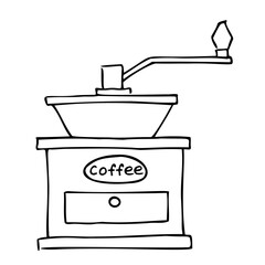 Manual coffee grinder. square with drawer, bowl and handle. With the inscription coffee. Freehand outline drawing, vector.