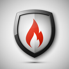Protected guard flame shield concept. Safety badge smoke fire icon. Privacy flame banner shield. Security label Defense fire tag. Presentation sticker flame icon. defense safeguard shield smoke