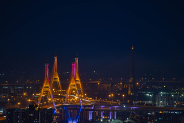 Fototapeta na wymiar Wide angle view of Bhumibol suspension bridge cross Chao Phraya River, Bangkok, Thailand.