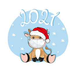 New year 2021, greeting card with a bull in a medical mask, merry christmas during the coronavirus pandemic. Flat cartoon design. Baby bull isolated on white background.