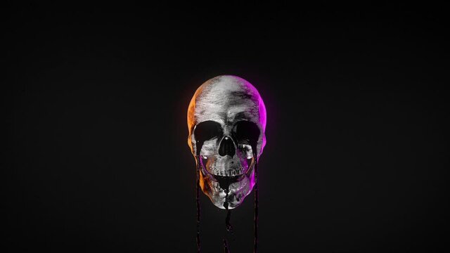Scary creepy spooky 3D skull. Resin flows from the eyes, mouth and nose of the silver gray skull. The black liquid flows down. Paranormal Activity. Horrible dream