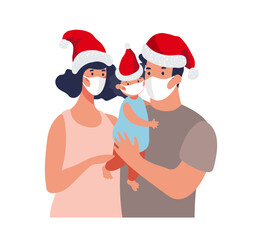 Obraz na płótnie Canvas New Year and Christmas 2021 during the coronavirus pandemic, family wearing Santa hats and medical masks. Vector cartoon illustration isolated on white background.