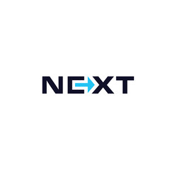 Obraz premium Next text, flat style vector logo concept. Right arrow in letters, isolated icon on white background. Creative infographic element for business and startup