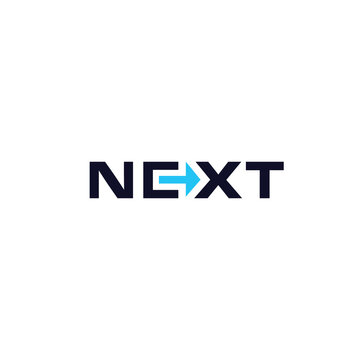 Next text, flat style vector logo concept. Right arrow in letters, isolated icon on white background. Creative infographic element for business and startup