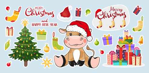 Set of stickers for christmas and new year 2021, year of the bull. Decorated Christmas tree, gifts, bull. Funny cartoon design. Vector illustration for the holiday