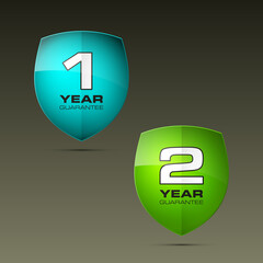 Shield with guarantee one & two year icon. Warranty 1 & 2 year Label obligations. Safeguard shield sign. Protect promise reliability badge. Security guaranteed illustration