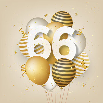Happy 66th birthday with gold balloons greeting card background. 66 years anniversary. 66th celebrating with confetti. Vector stock