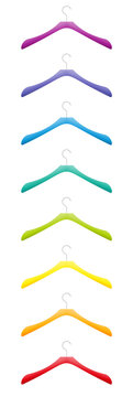 Colorful clothes hanger, plastic coathanger set, various colors, rainbow gradient colored collection. Isolated vector illustration on white background.
