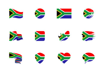 South Africa flag - flat collection. Flags of different shaped twelve flat icons.